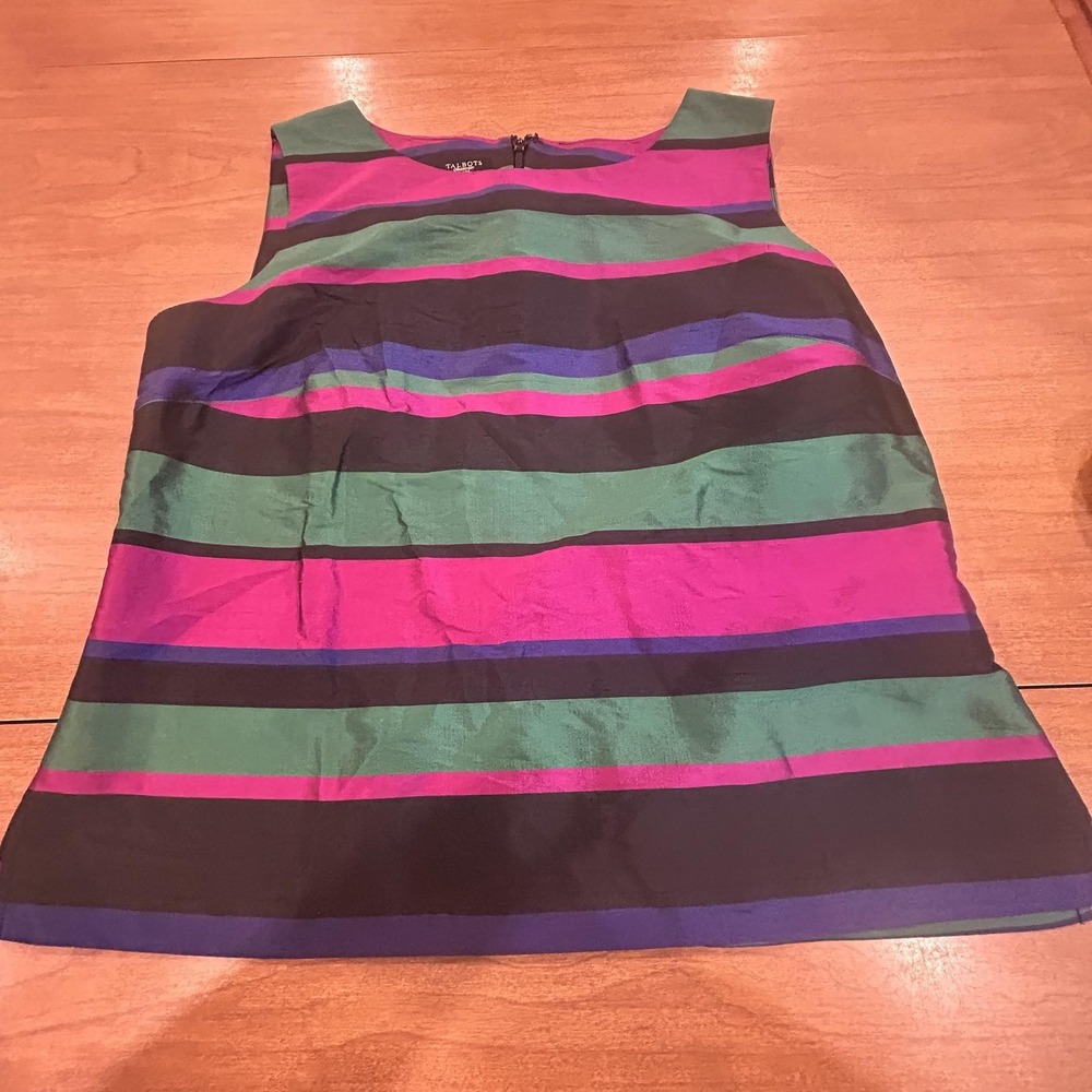 Talbots Blouse Womens 12P Multicolor 100% Silk Stripe Boat Neck Top Sleeveless‎
